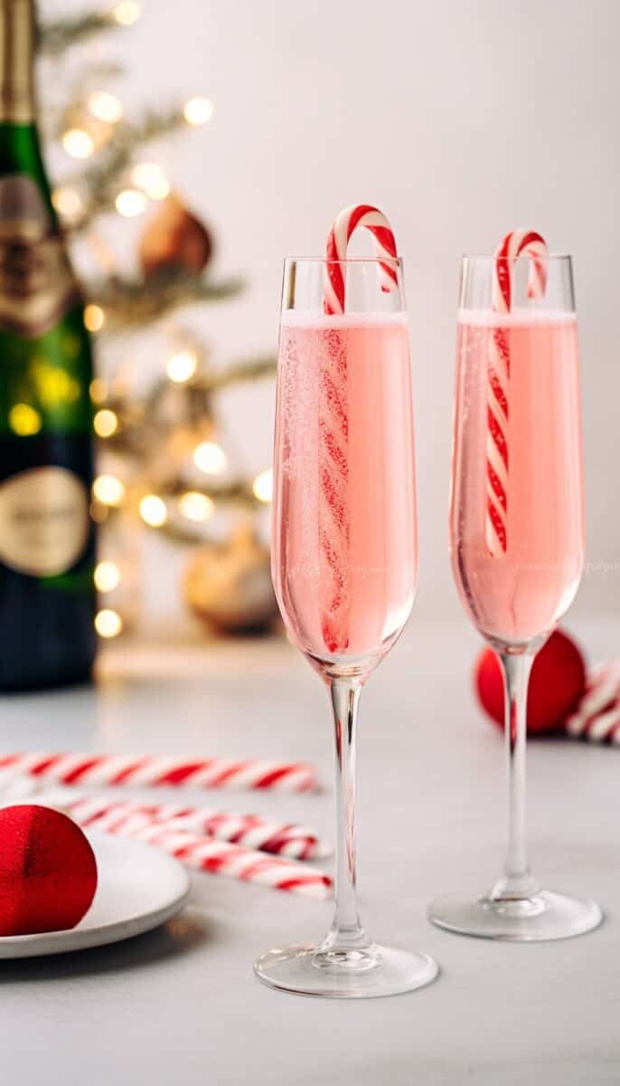 Picture of two bubbly and festive Peppermint Bark Mimosas, a delightful addition to any holiday drink menu, adorned with candy canes.