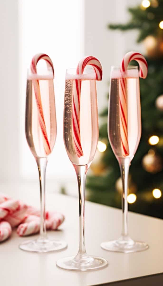 Photo of three enticing Peppermint Bark Mimosas, showcasing the festive drinks' bubbly charm and sweet garnishes, perfect for winter cocktails.