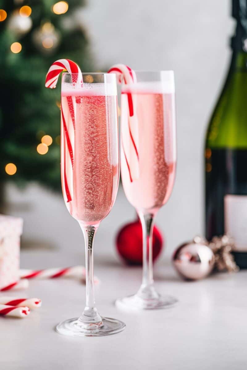 Two Peppermint Mimosas adorned with candy canes, a festive addition to your holiday cocktails collection.