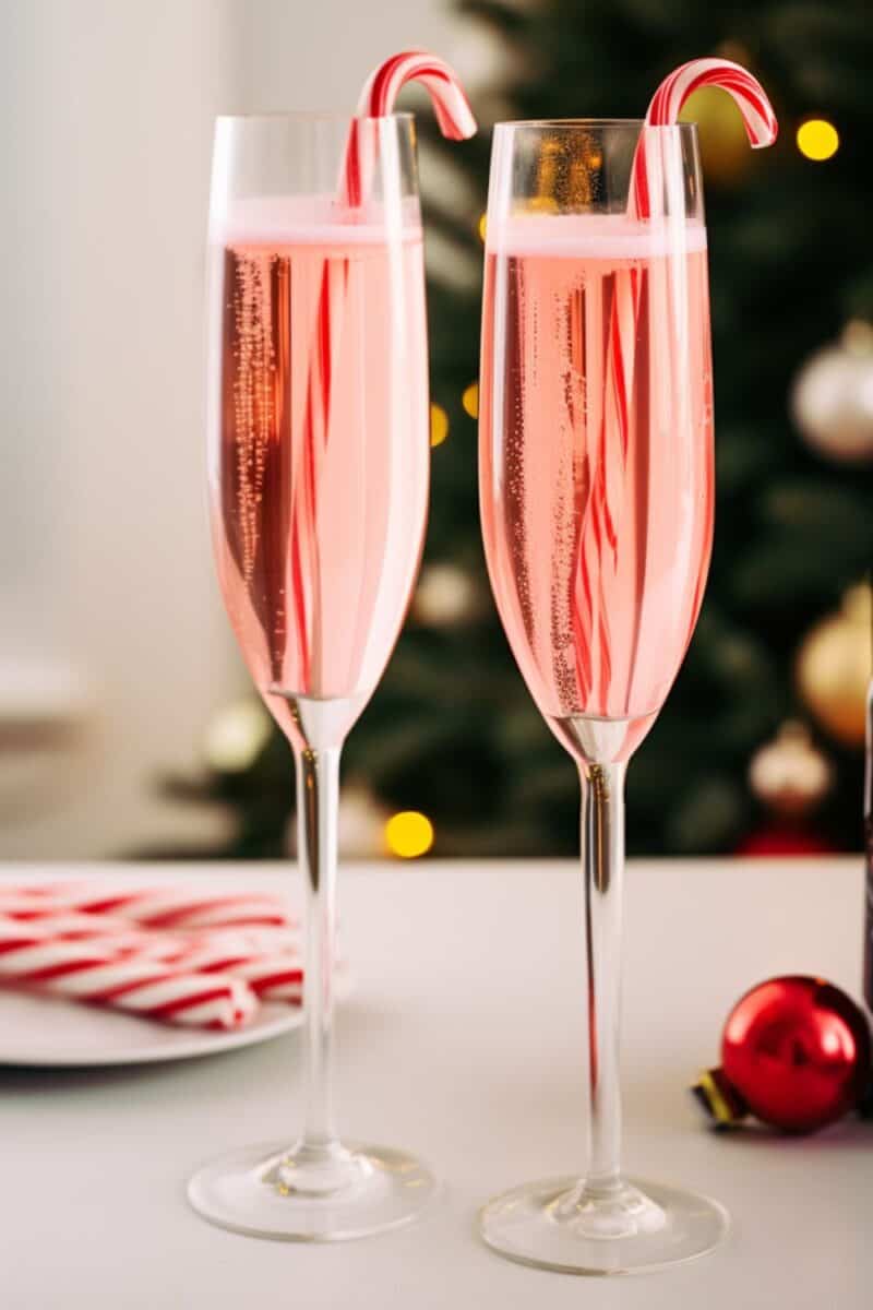 Two enticing Peppermint Mimosas, the ultimate festive drinks, garnished with candy canes, adding a festive flair to your holiday drink menu.