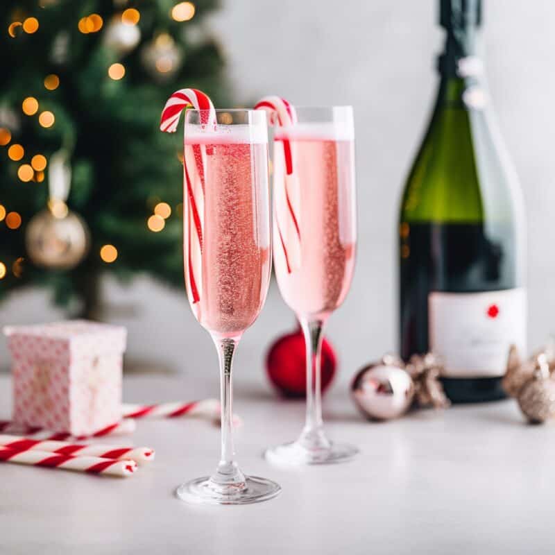 Image of a refreshing Peppermint Mimosa garnished with a red and white candy cane, showcasing the festive cocktail's bubbly texture and vibrant color.