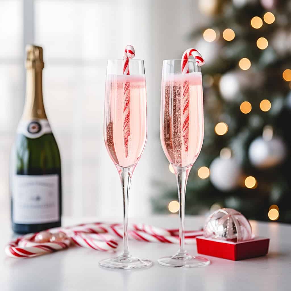 Two festive Peppermint Mimosas ready to be served, a unique twist on classic champagne cocktails for the holiday season.