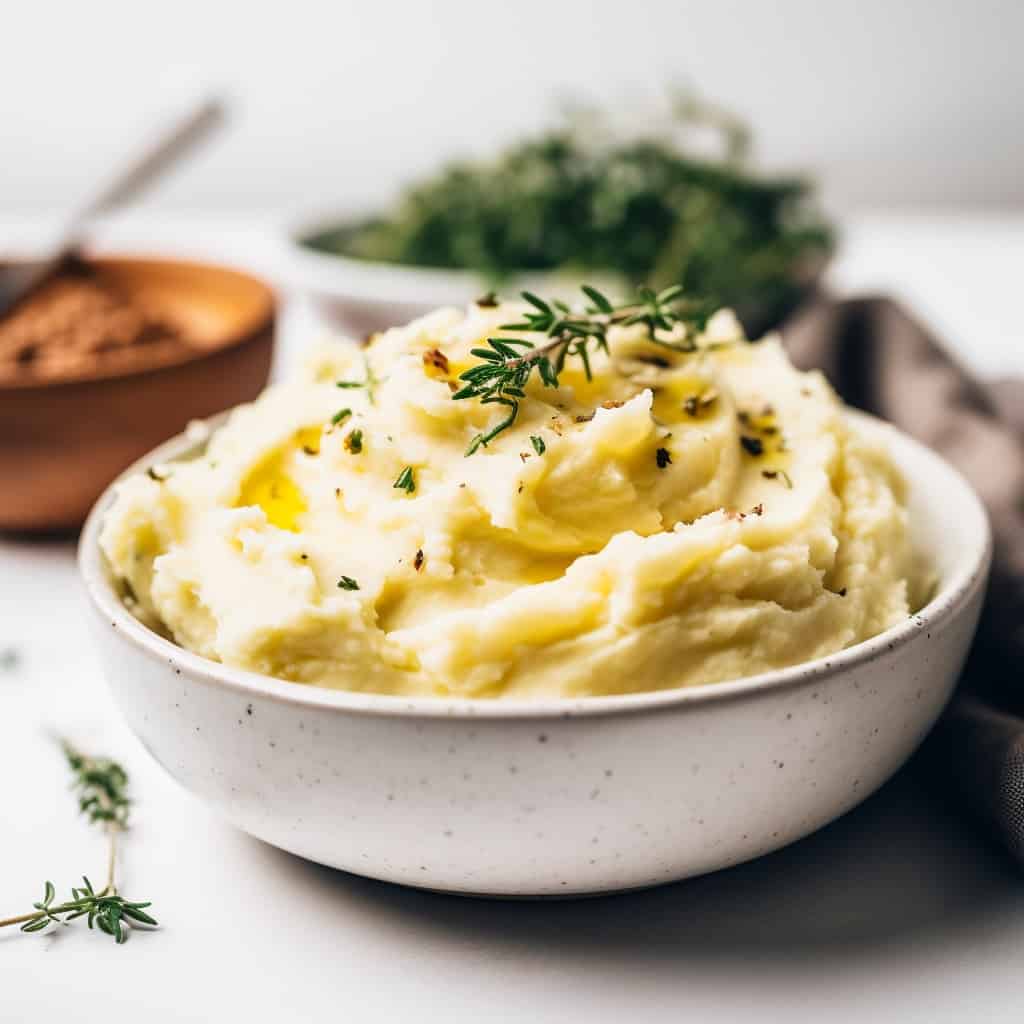 lose-up shot of a bowl of roasted garlic mashed potatoes, capturing the velvety texture and golden hue of the dish.