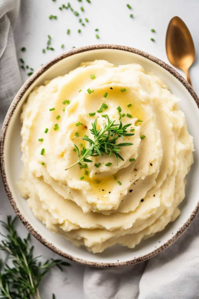 Overhead shot of a bowl of roasted garlic mashed potatoes on a rustic wooden table, surrounded by garlic cloves and a salt shaker.