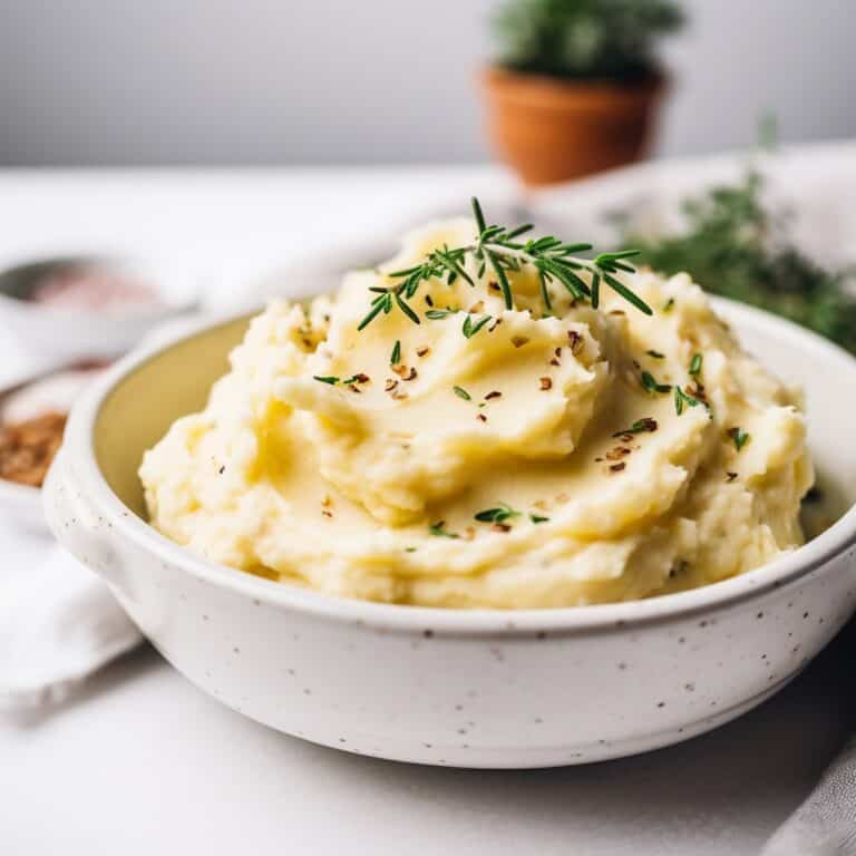 Bowl of roasted garlic mashed potatoes garnished with freshly chopped thyme and a sprinkle of black pepper.