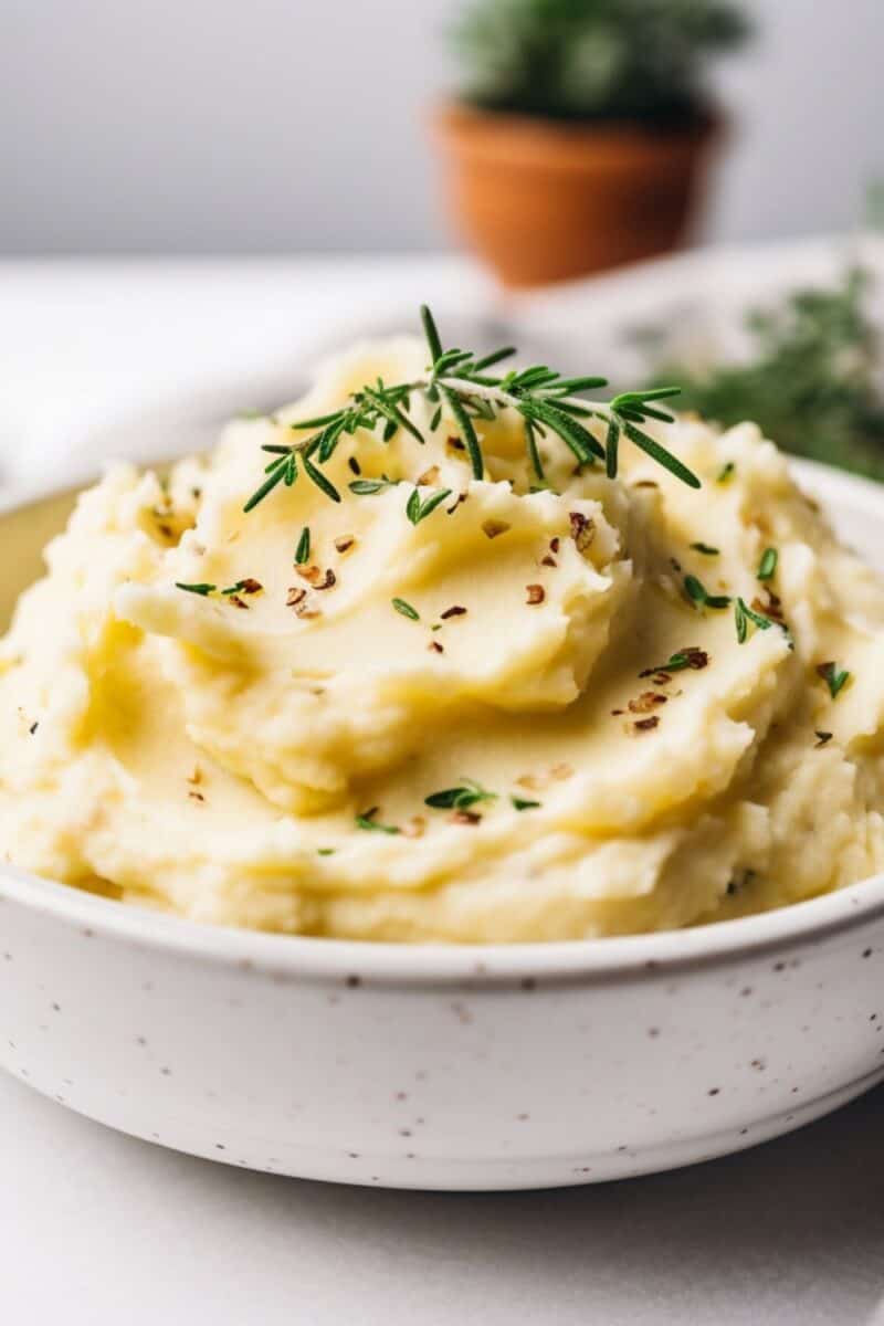lose-up shot of a bowl of roasted garlic mashed potatoes, capturing the velvety texture and golden hue of the dish.