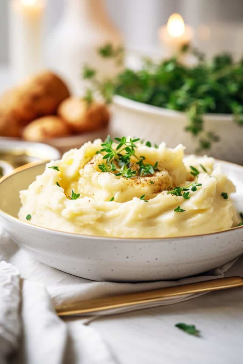 Bowl of roasted garlic mashed potatoes with a drizzle of garlic-infused oil, emphasizing the rich garlic flavor.