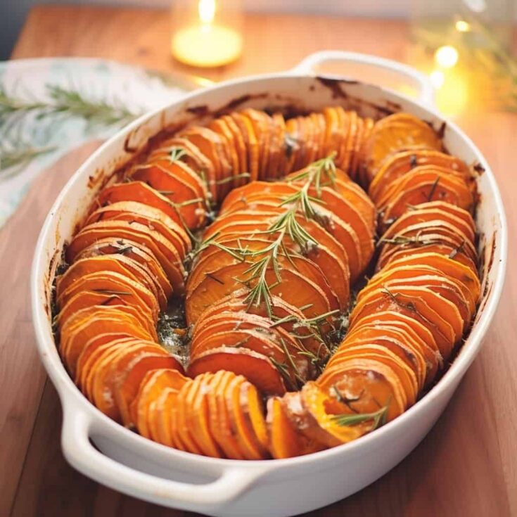 Golden-brown Roasted Rosemary Sweet Potatoes neatly arranged in a ceramic baking dish.