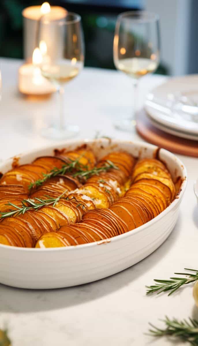Side view of Roasted Rosemary Sweet Potatoes in a baking dish, illustrating the layering of the scalloped sweet potatoes and the golden crispiness.