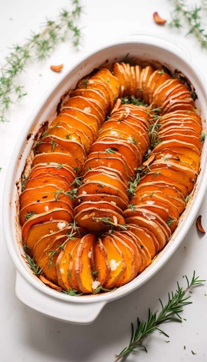 Overhead shot of Roasted Rosemary Sweet Potatoes in a rustic baking dish, showcasing the vibrant orange hue of the potatoes contrasted with the green rosemary sprigs.