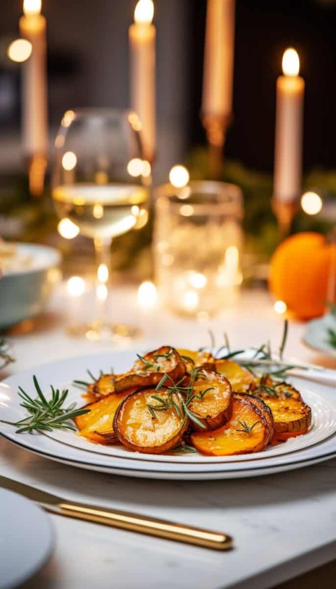 Side angle view of Crispy Roasted Rosemary Sweet Potatoes on a plate, emphasizing the deliciously crispy edges and the fresh, green rosemary.