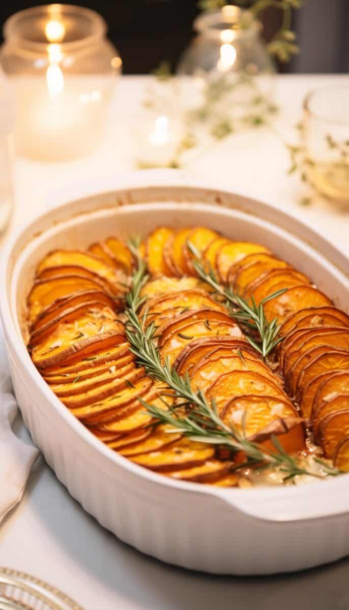 Side angle view of a baking dish filled with Crispy Roasted Rosemary Sweet Potatoes, emphasizing the layered arrangement and the golden-brown crust.