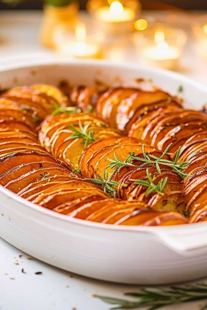 Golden-brown Crispy Roasted Rosemary Sweet Potatoes garnished with fresh rosemary sprigs, served in a baking dish.
