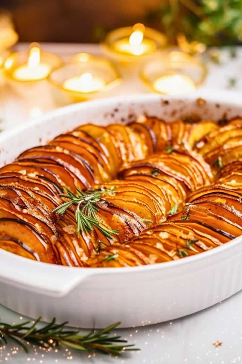 Golden-brown Crispy Roasted Rosemary Sweet Potatoes garnished with fresh rosemary sprigs, served in a baking dish.