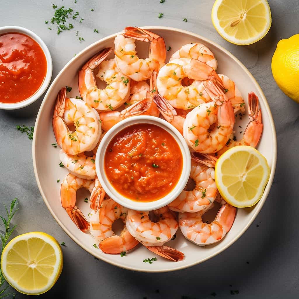 Overhead shot of a shrimp cocktail platter, showcasing the plump shrimp and accompanying sauce.