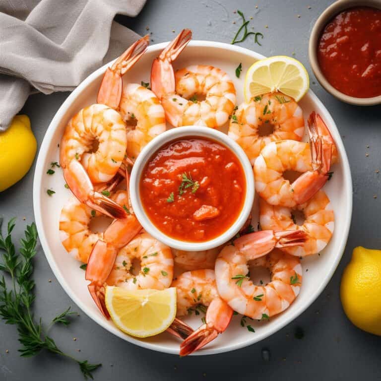 A vibrant shrimp cocktail platter with succulent shrimp arranged around a bowl of tangy cocktail sauce.