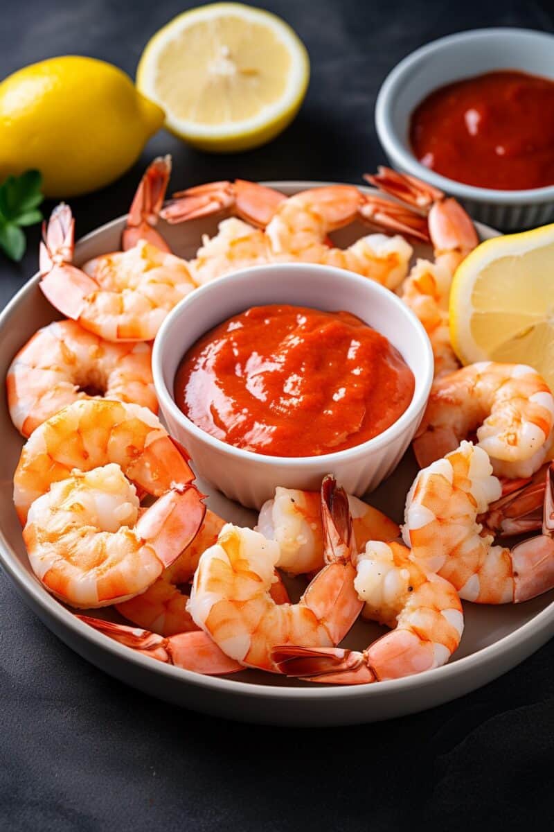 A festive shrimp cocktail platter, perfect for holiday gatherings, with a bowl of zesty cocktail sauce at its center