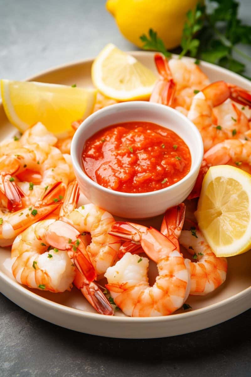 Close-up view of a shrimp cocktail platter, highlighting the fresh, pink shrimp and the rich, red sauce.