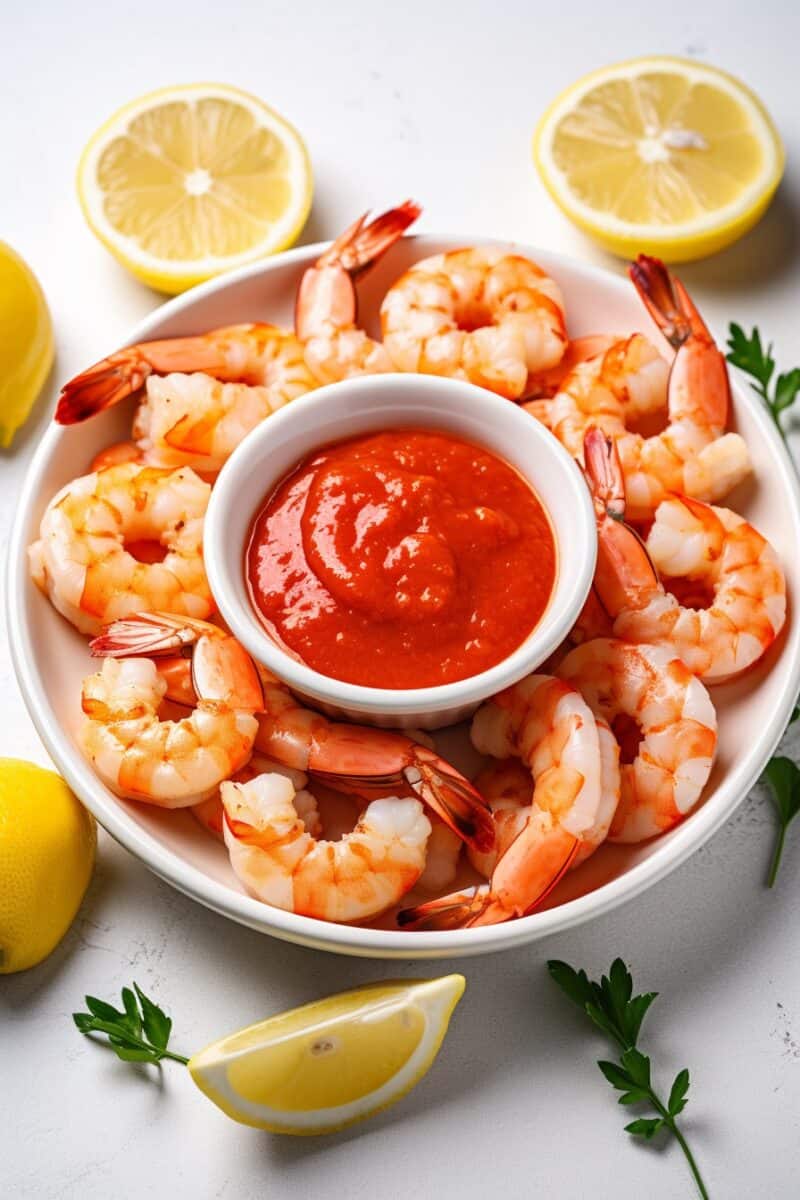 Platter of jumbo shrimp elegantly arranged around a bowl of tangy cocktail sauce.