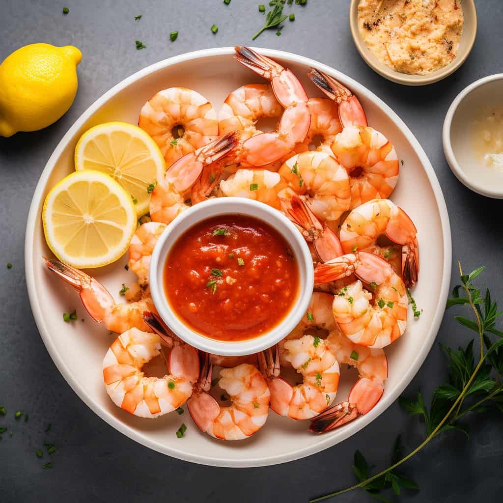 Overhead shot of a shrimp cocktail platter, showcasing the plump shrimp and accompanying sauce.