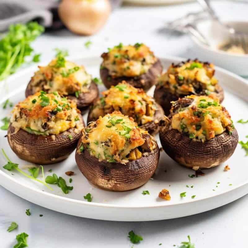 golden-brown Stuffing Stuffed Mushrooms garnished with fresh parsley, showcasing the rich, savory stuffing peeking out of the baked mushrooms.