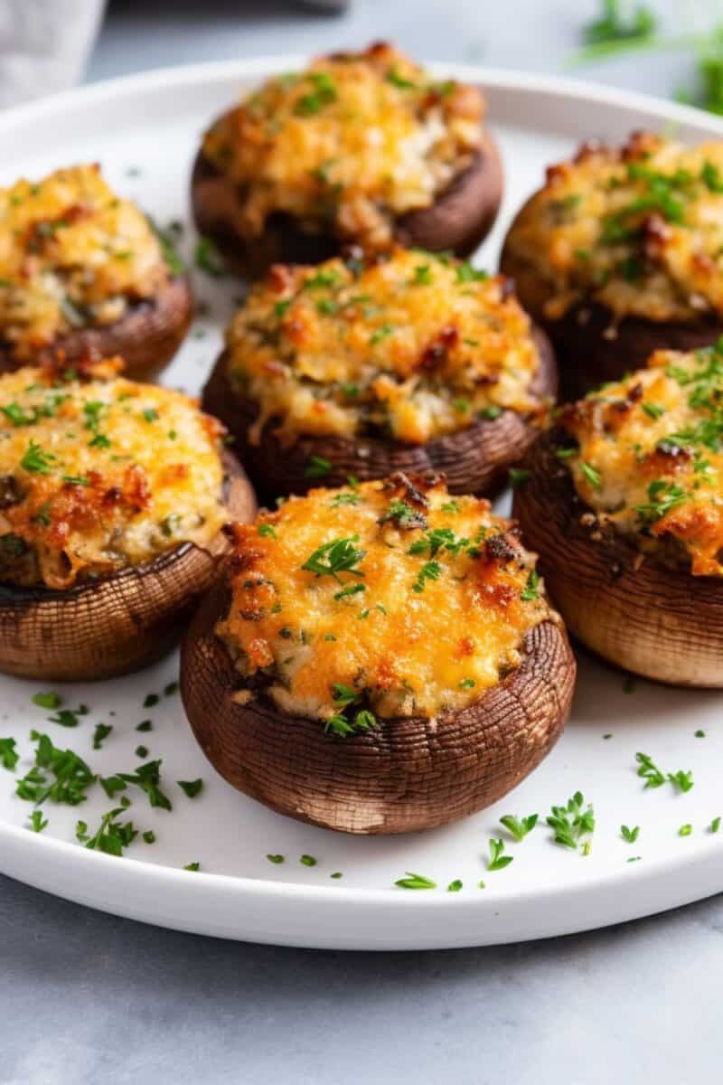 golden-brown Stuffing Stuffed Mushrooms garnished with fresh parsley, showcasing the rich, hearty stuffing peeking out of the earthy mushroom caps.