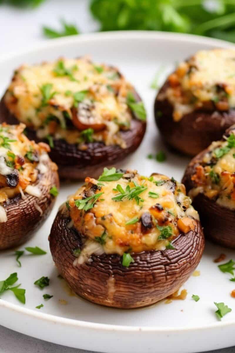 Close-up view of golden-brown Stuffing Stuffed Mushrooms on a white plate, garnished with fresh parsley.