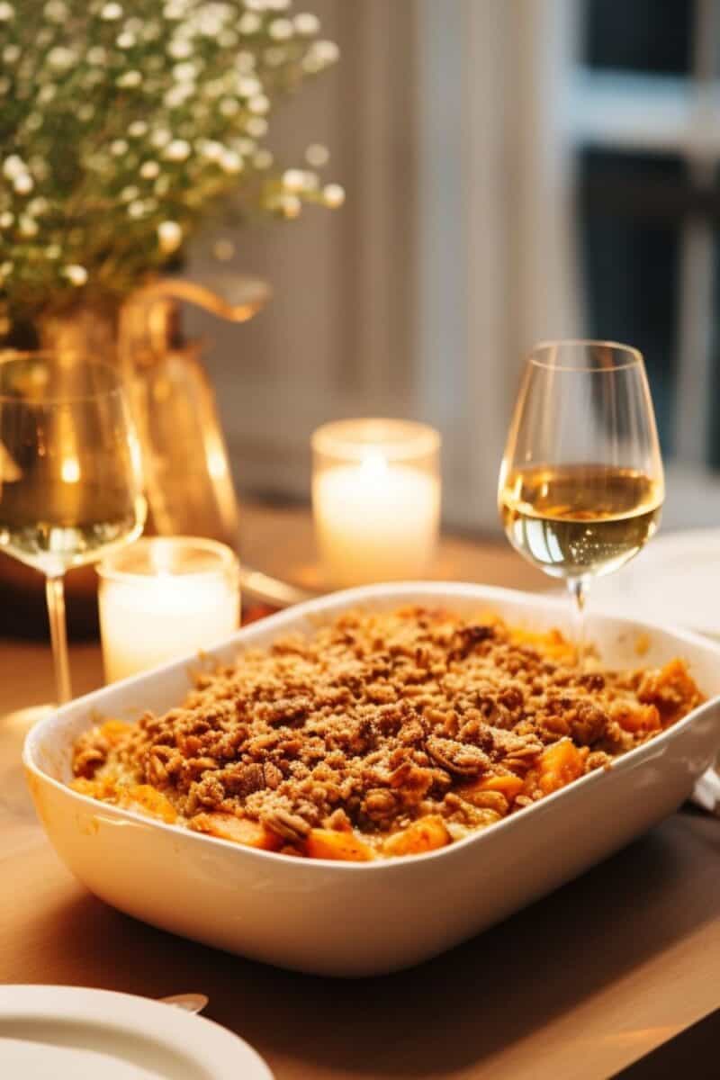Sweet Potato Casserole with Pecan Topping, fresh out of the oven, with a serving spoon.