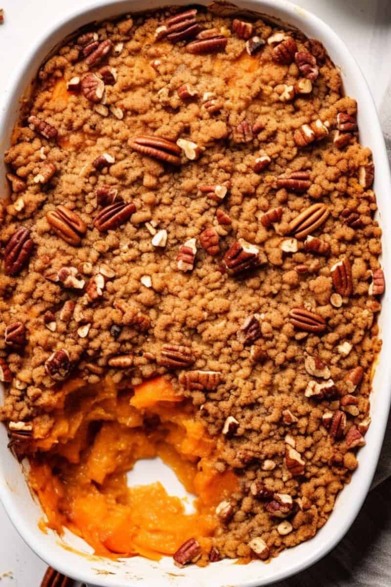 Top view of Sweet Potato Casserole highlighting the crunchy pecan topping.