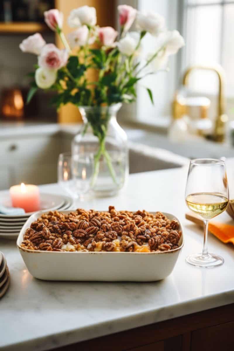 Final presentation of Sweet Potato Casserole with Pecan Topping, showcasing the golden-brown pecan streusel atop the creamy sweet potato filling.