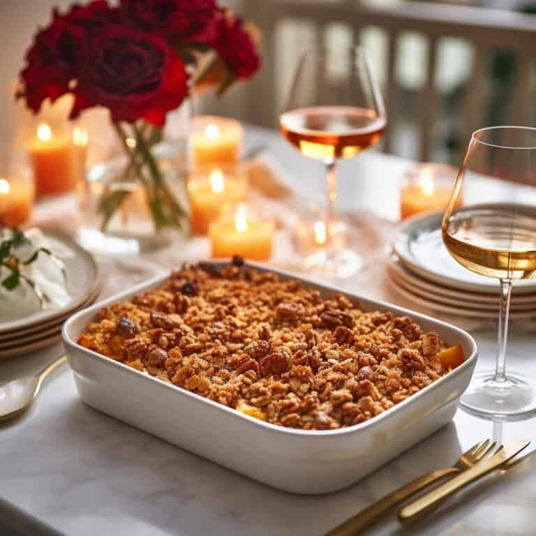 Final presentation of Sweet Potato Casserole with Pecan Topping, showcasing the golden-brown pecan streusel atop the creamy sweet potato filling.