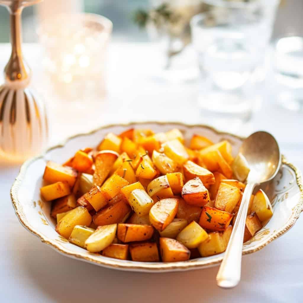Platter of Sweet Potatoes and Apples Maple Cinnamon, showcasing diced sweet potatoes and apples glazed with maple syrup and sprinkled with cinnamon, presented on a rustic serving dish.