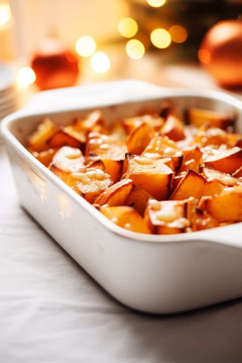 A baking dish filled with a vibrant mixture of diced sweet potatoes and Granny Smith apples, all coated in a glossy maple cinnamon glaze, baked to perfection.