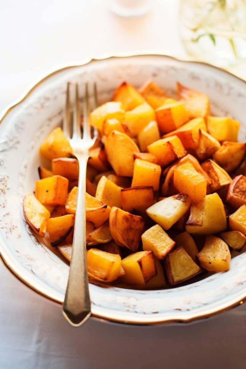 Delicious and warm Sweet Potatoes and Apples Maple Cinnamon dish, showcasing a harmonious blend of diced sweet potatoes and apples, all glazed with a hint of maple syrup and sprinkled with aromatic cinnamon and nutmeg, making it a perfect, flavorful fall side dish.