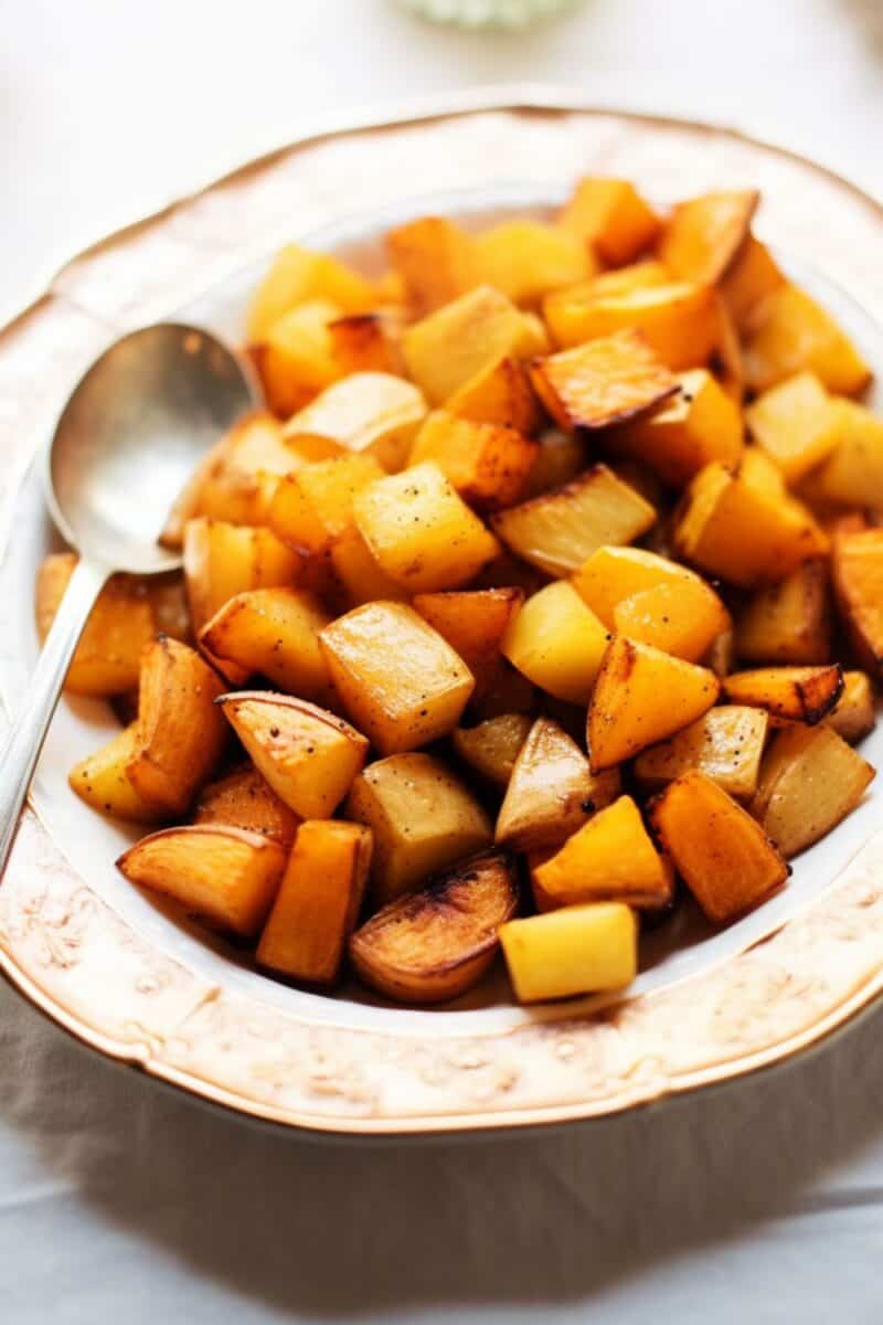 A beautifully arranged platter featuring the colorful and aromatic Sweet Potatoes and Apples Maple Cinnamon, garnished with a sprinkle of extra cinnamon, showcasing the contrasting textures and rich, autumnal hues, ready to be served.