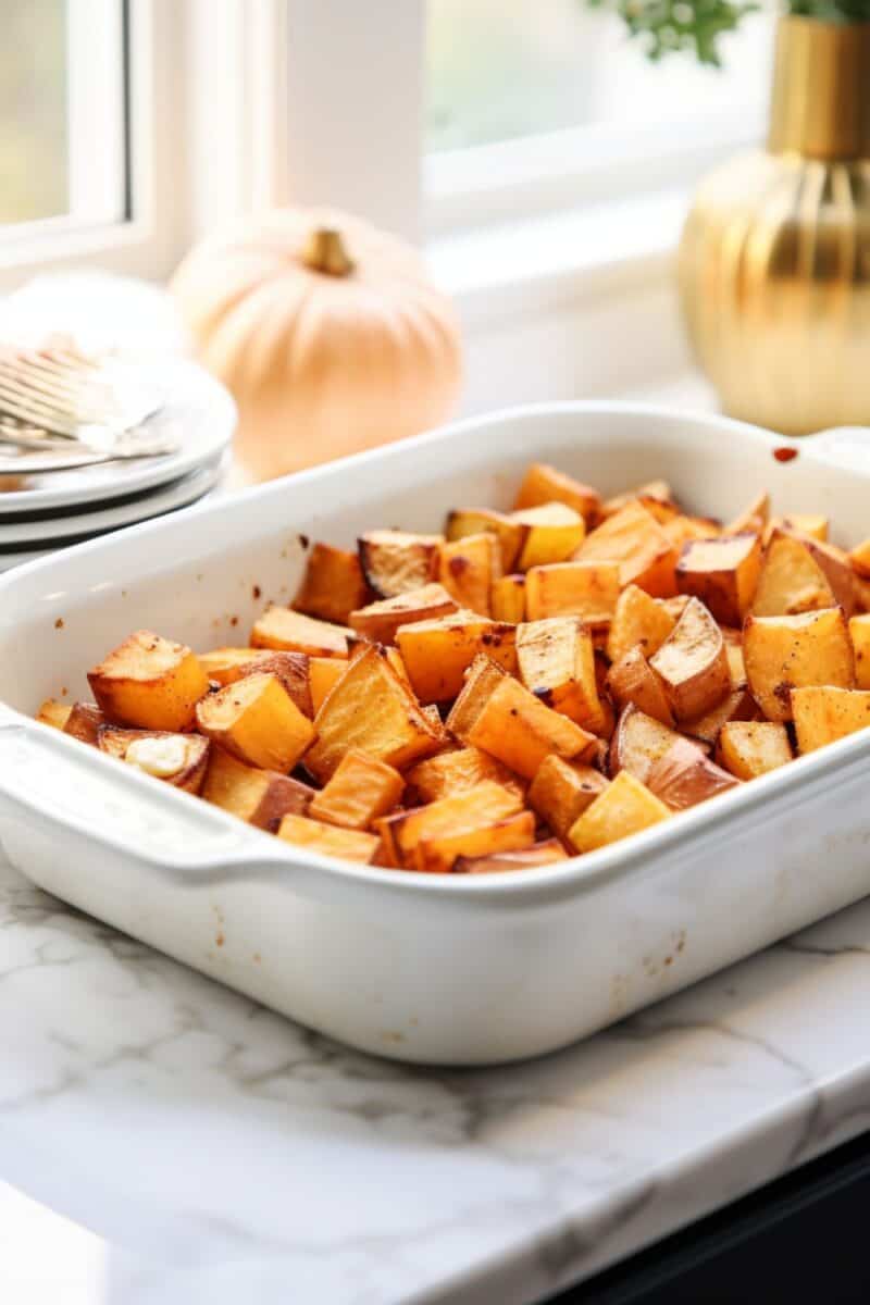 A baking dish filled with a vibrant mixture of diced sweet potatoes and Granny Smith apples, all coated in a glossy maple cinnamon glaze, baked to perfection.