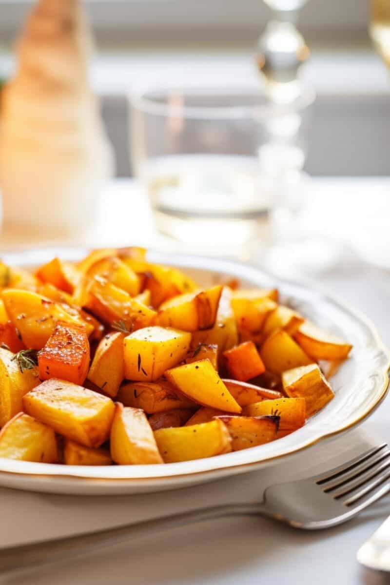 Close-up view of a flavorful dish of Sweet Potatoes and Apples Maple Cinnamon, showcasing the vibrant orange of sweet potatoes mixed with the fresh, crisp green apples, all seasoned with a hint of cinnamon and drizzled with pure maple syrup.
