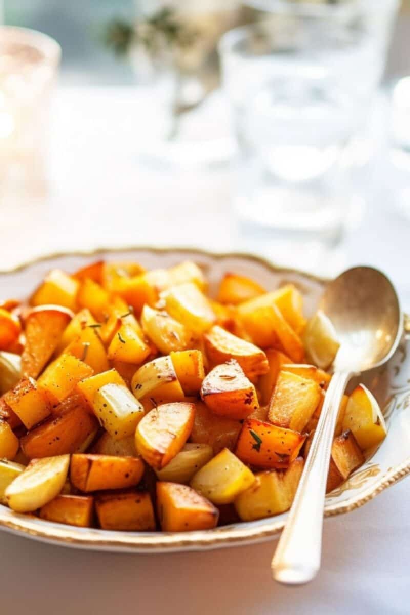 A beautifully arranged platter featuring the colorful and aromatic Sweet Potatoes and Apples Maple Cinnamon, garnished with a sprinkle of extra cinnamon, showcasing the contrasting textures and rich, autumnal hues, ready to be served.