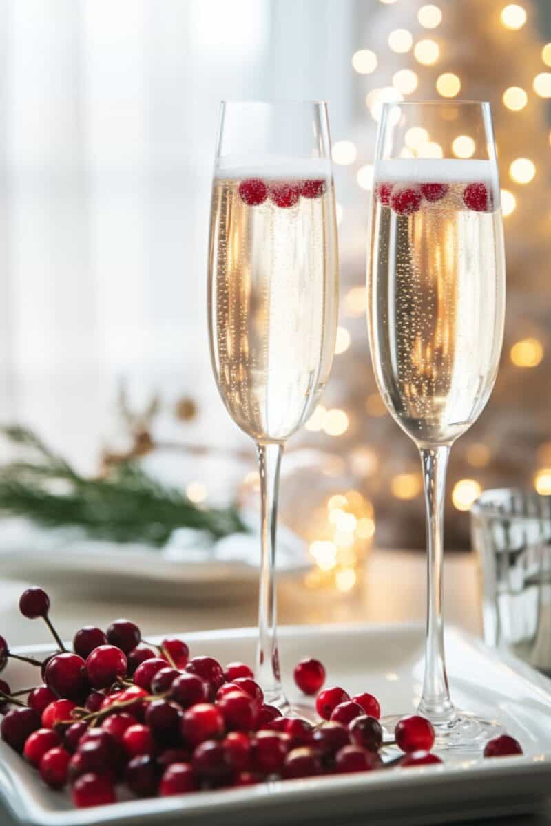 A festive White Christmas Mimosa garnished with frozen cranberries, served in an elegant champagne flute, set against a holiday-themed backdrop.