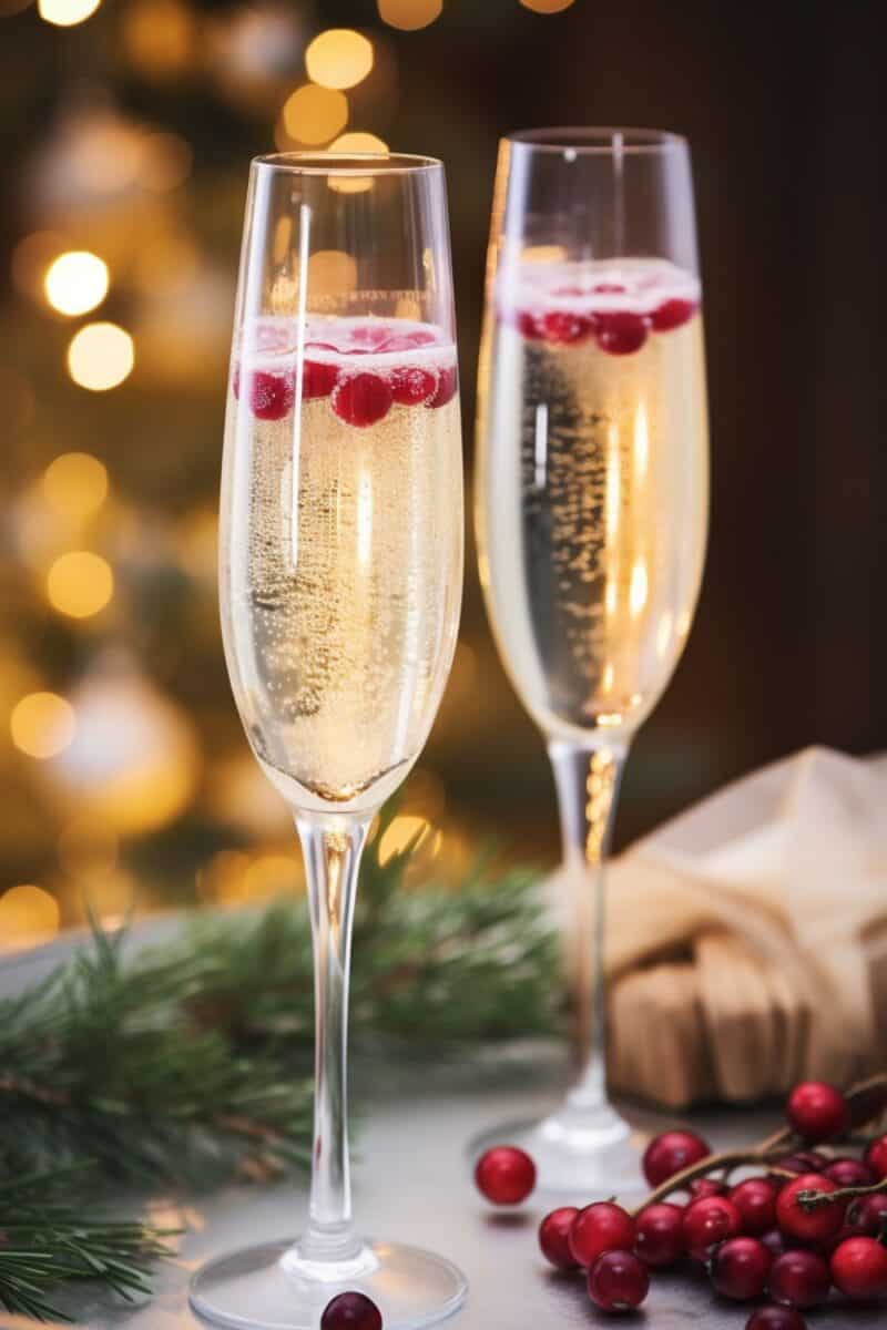 A pair of White Christmas Mimosas with sparkling champagne and white cranberry juice, elegantly presented with a holiday decoration in the background.