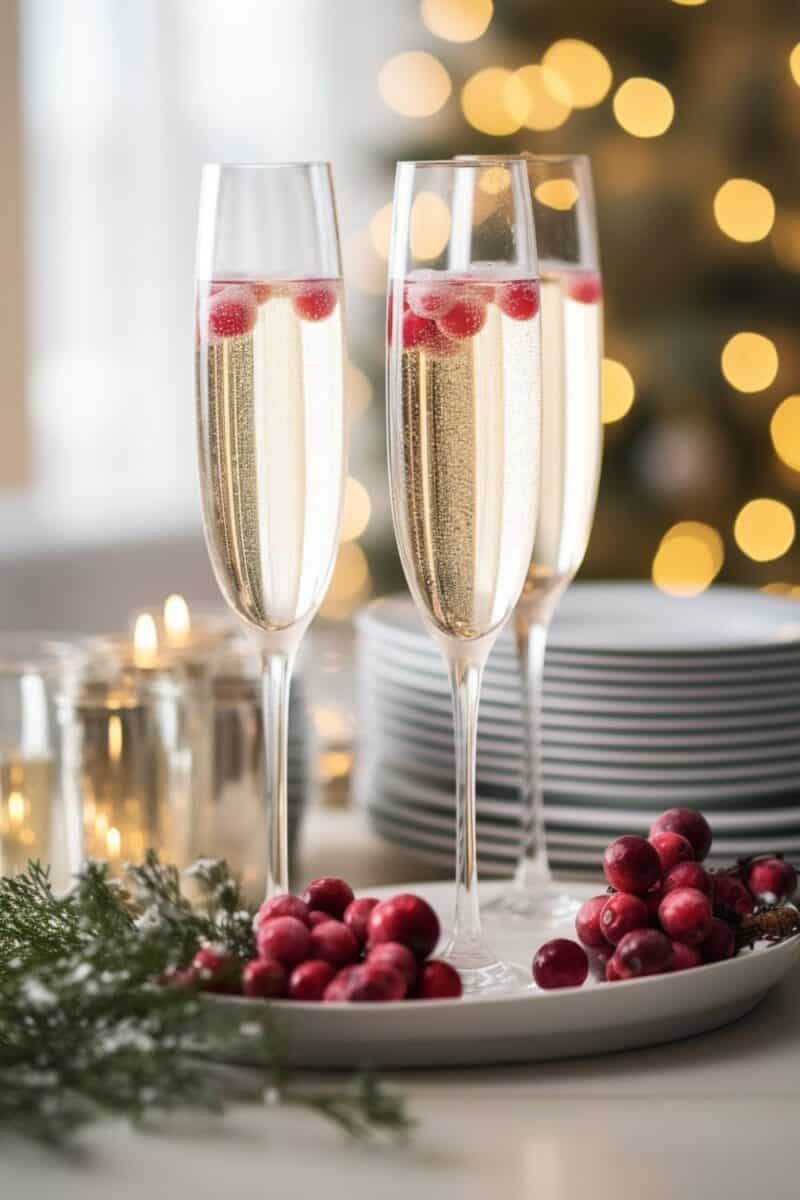 A festive array of White Christmas Mimosas on a decorated holiday table, each glass brimming with bubbly champagne and garnished with frozen cranberries.