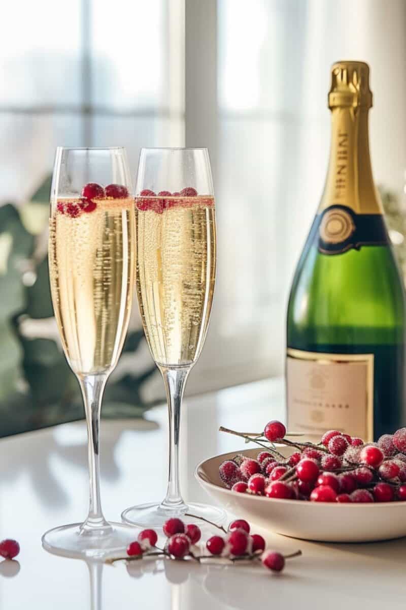 Two chilled White Christmas Mimosas, adorned with cranberries, set against a festive backdrop, ready to be enjoyed.