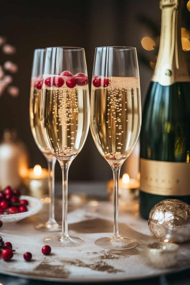 A festive White Christmas Mimosa garnished with frozen cranberries, served in a sugar-rimmed champagne flute, set against a holiday-themed backdrop.