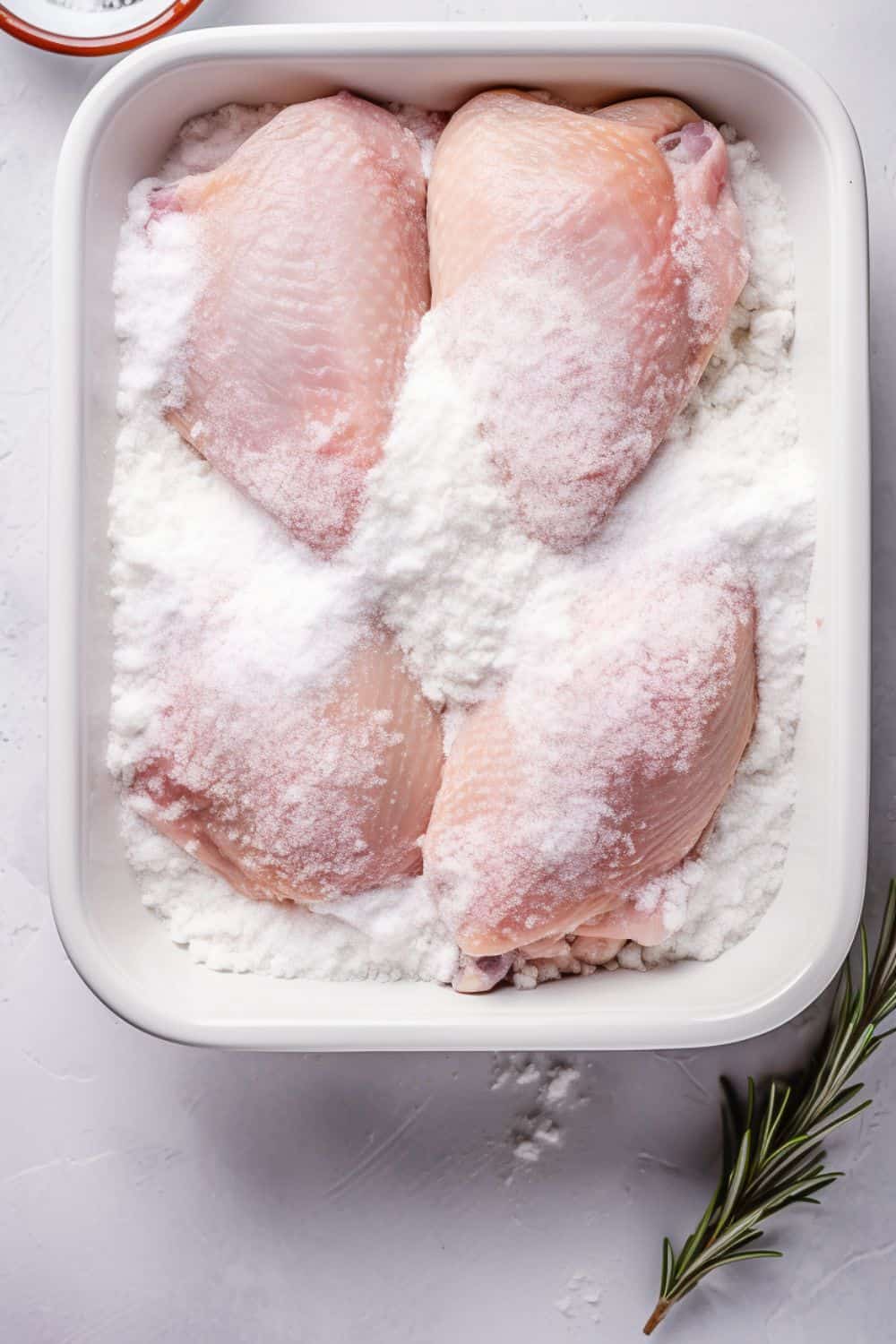 Chicken pieces coated in flour.