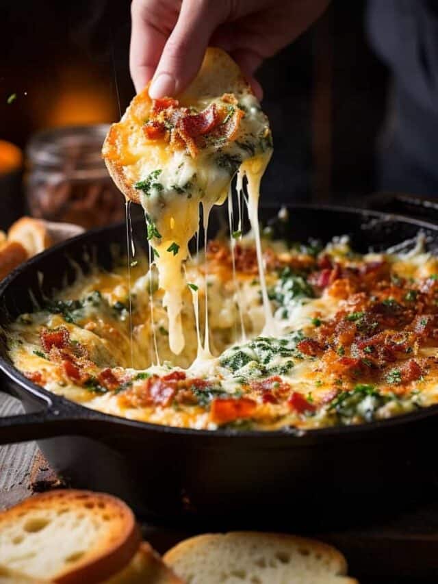 Side view of a cast-iron pan filled with cheesy Bacon Spinach Dip, a piece of bread suspended above it, showing off the dip's stringy, melted cheese.