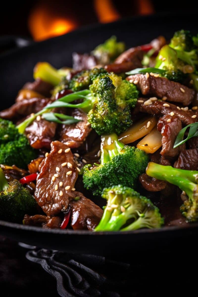 Sizzling beef strips and vibrant broccoli florets in a stir-fry sauce.