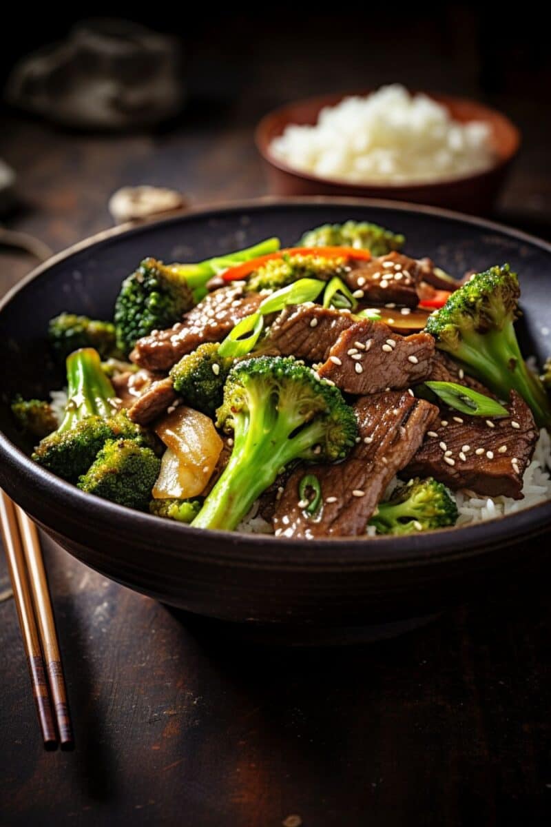A plated serving of beef and broccoli stir-fry, ready to be enjoyed, paired with a side of fluffy white rice.