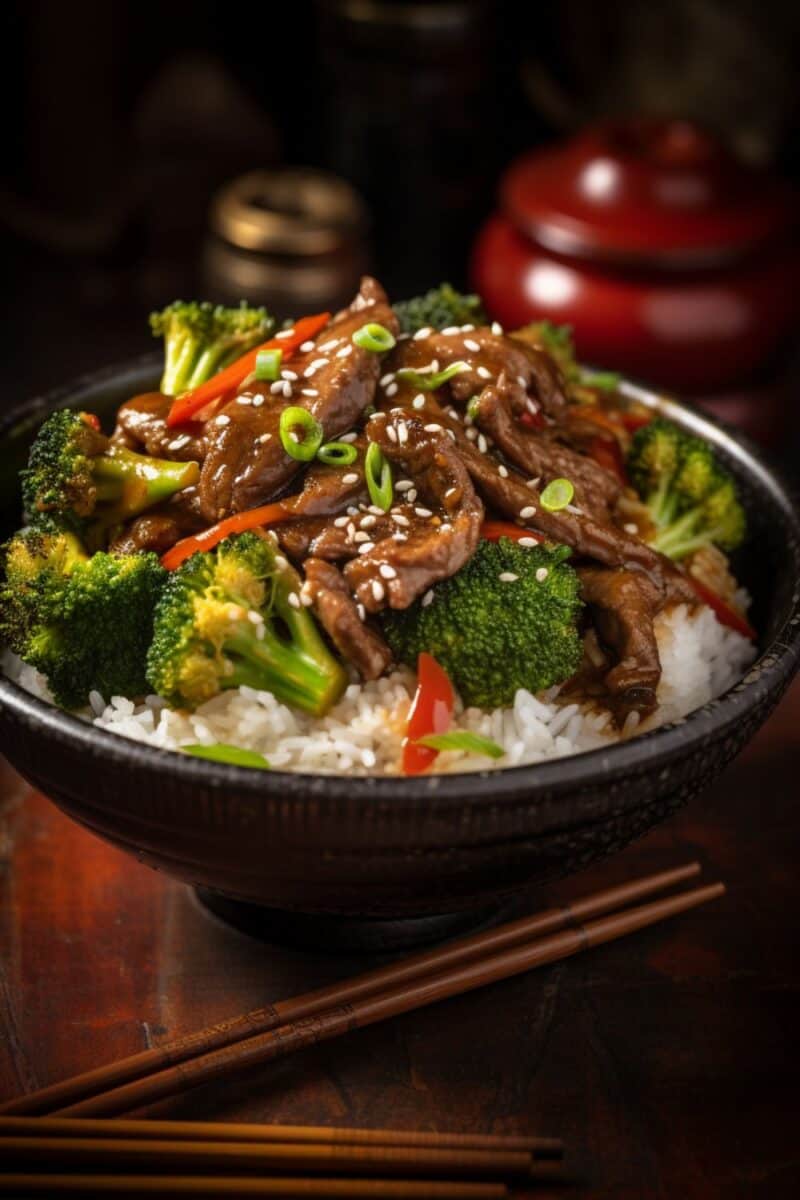 Steaming Beef and Broccoli Stir-Fry served in a bowl over white rice.