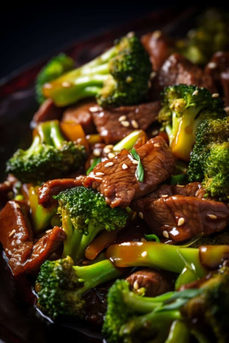 Close-up view of a colorful Beef and Broccoli Stir-Fry dish garnished with sesame seeds.