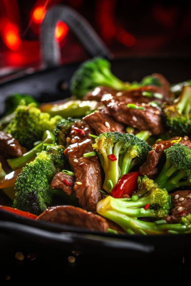 Close-up of a flavorful beef and broccoli stir-fry, showcasing the juicy beef strips and fresh, perfectly cooked broccoli.